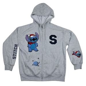 Disney Lilo & Stitch Santa Hat Christmas Gray Zip Up Hoodie sz medium loose fit